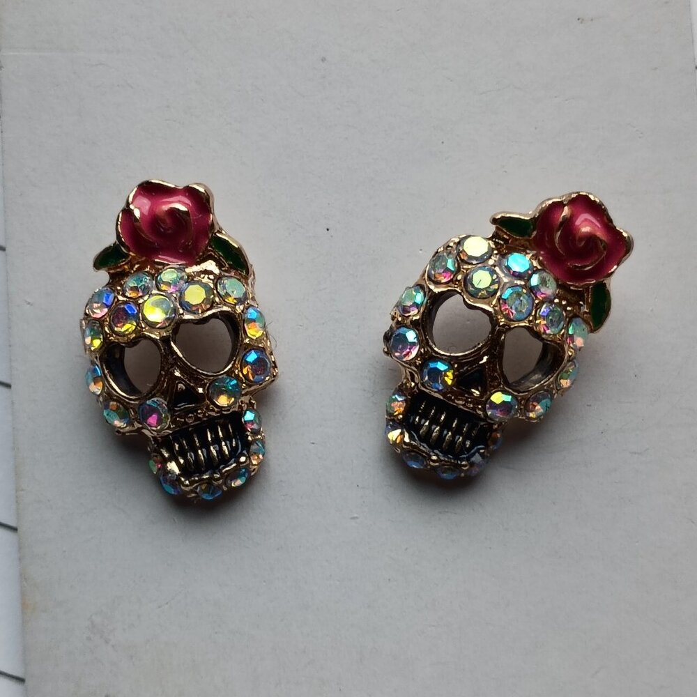 Skull earrings rose flower bling rhinestones